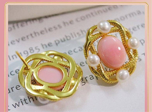 Square Pink Queen Conch Shell Pearls Earrings Gold Vermeil - House Of Pearls